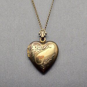 VTG 1/20 10K GF Heart Locket Necklace 18" Floral Etching Rolo Chain Hair Keepsak